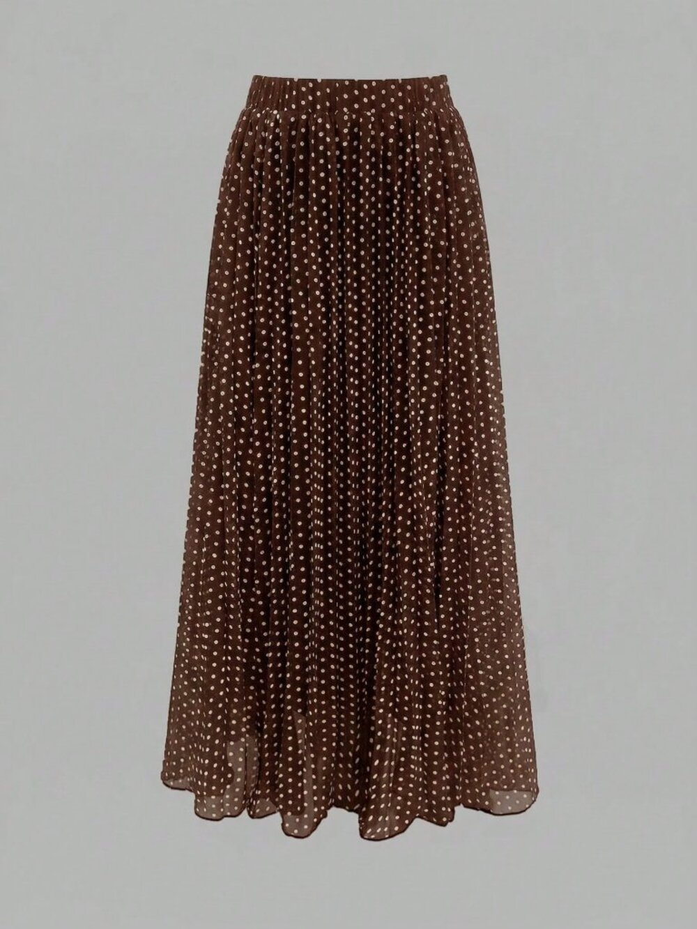 Coffee Brown Casual Women's Loose Pleated Elastic Waist Polka Dot Long Skirt - Picture 2 of 5